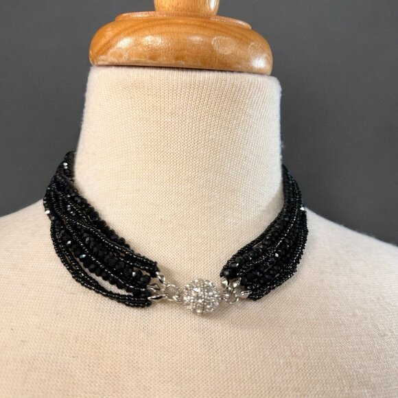 Faceted Black Glass Bead Multi-Strand Necklace with Rhinestone Magnetic Clasp - Picture 4 of 4